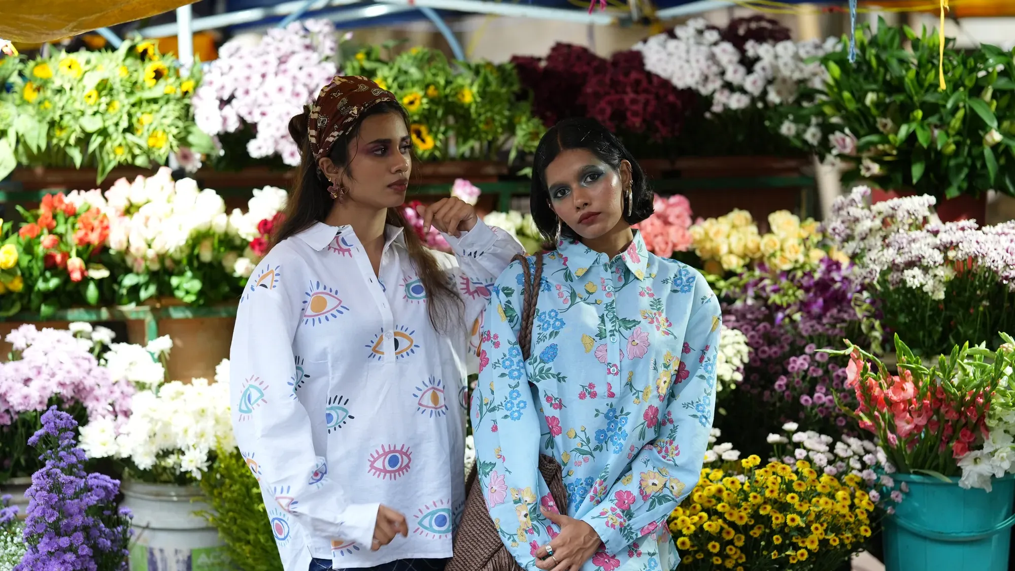 Eye print and botanical shirts at the flower market