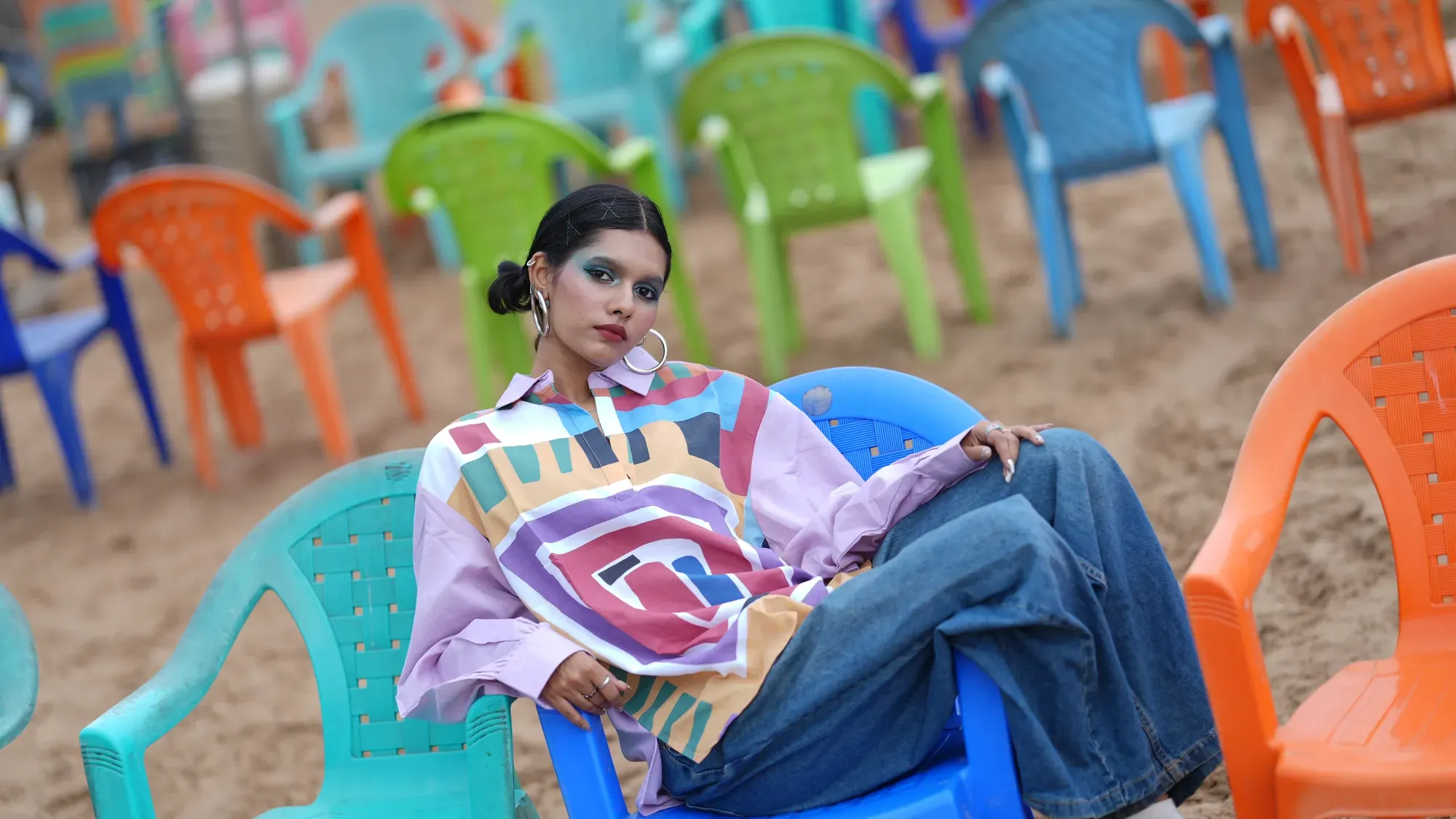 Lilac geometric shirt on Marina beach